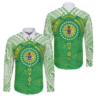Cook Islands Manta Ray Family Matching Off The Shoulder Long Sleeve Dress and Hawaiian Shirt Kuki Airani Tattoo Green Color LT14 Dad's Shirt - Long Sleeve Green - Polynesian Pride
