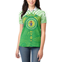 Cook Islands Manta Ray Women Polo Shirt Kuki Airani Tattoo Green Color