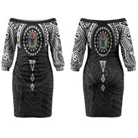 Cook Islands Manta Ray Couples Matching Off The Shoulder Long Sleeve Dress and Hawaiian Shirt Kuki Airani Tattoo Black Color LT14 - Polynesian Pride