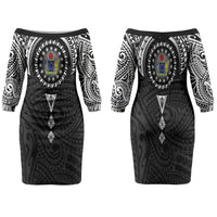 Cook Islands Manta Ray Family Matching Off The Shoulder Long Sleeve Dress and Hawaiian Shirt Kuki Airani Tattoo Black Color LT14 Mom's Dress Black - Polynesian Pride