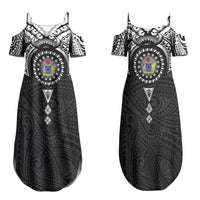 Cook Islands Manta Ray Family Matching Summer Maxi Dress and Hawaiian Shirt Kuki Airani Tattoo Black Color LT14 Mom's Dress Black - Polynesian Pride