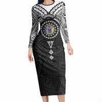 Cook Islands Manta Ray Long Sleeve Bodycon Dress Kuki Airani Tattoo Black Color