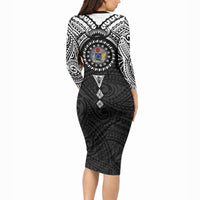 Cook Islands Manta Ray Long Sleeve Bodycon Dress Kuki Airani Tattoo Black Color