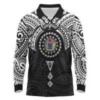 Cook Islands Manta Ray Long Sleeve Polo Shirt Kuki Airani Tattoo Black Color