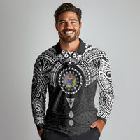 Cook Islands Manta Ray Long Sleeve Polo Shirt Kuki Airani Tattoo Black Color