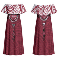 Personalised Cook Islands Mangaia Family Matching Off Shoulder Maxi Dress and Hawaiian Shirt Map With Kuki Airani Manta Ray Tattoo LT14 Mom's Dress Maroon - Polynesian Pride