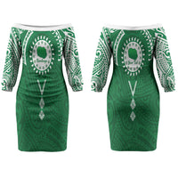 Personalised Cook Islands Rarotonga Couples Matching Off The Shoulder Long Sleeve Dress and Hawaiian Shirt Map With Kuki Airani Manta Ray Tattoo LT14 - Polynesian Pride