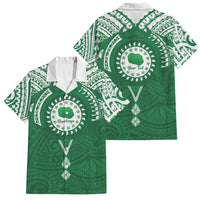Personalised Cook Islands Rarotonga Family Matching Off Shoulder Short Dress and Hawaiian Shirt Map With Kuki Airani Manta Ray Tattoo LT14 Dad's Shirt - Short Sleeve Green - Polynesian Pride