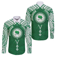 Personalised Cook Islands Rarotonga Family Matching Off Shoulder Short Dress and Hawaiian Shirt Map With Kuki Airani Manta Ray Tattoo LT14 Dad's Shirt - Long Sleeve Green - Polynesian Pride