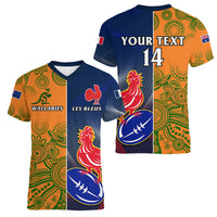 Custom France And Australia Rugby Women V Neck T Shirt 2023 World Cup Le Bleus Wallabies Together LT14 - Polynesian Pride