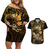 Polynesia Suicide Prevention Awareness Couples Matching Off Shoulder Short Dress and Hawaiian Shirt Your Life Is Worth Living For Polynesian Gold Pattern LT14 Gold - Polynesian Pride