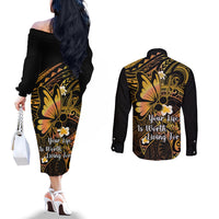 Polynesia Suicide Prevention Awareness Couples Matching Off The Shoulder Long Sleeve Dress and Long Sleeve Button Shirts Your Life Is Worth Living For Polynesian Gold Pattern LT14 - Polynesian Pride