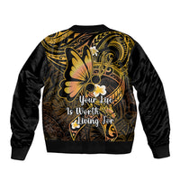 Polynesia Suicide Prevention Awareness Sleeve Zip Bomber Jacket Your Life Is Worth Living For Polynesian Gold Pattern LT14 - Polynesian Pride