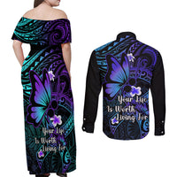 Polynesia Suicide Prevention Awareness Couples Matching Off Shoulder Maxi Dress and Long Sleeve Button Shirts Your Life Is Worth Living For Polynesian Purple Pattern LT14 - Polynesian Pride