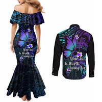Polynesia Suicide Prevention Awareness Couples Matching Mermaid Dress and Long Sleeve Button Shirts Your Life Is Worth Living For Polynesian Blue Pattern LT14 - Polynesian Pride