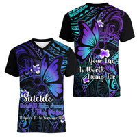 Polynesia Suicide Prevention Awareness Women V Neck T Shirt Your Life Is Worth Living For Polynesian Blue Pattern LT14 - Polynesian Pride
