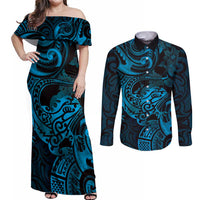 New Zealand Tuatara Couples Matching Off Shoulder Maxi Dress and Long Sleeve Button Shirt Aotearoa Maori Clematis Flowers - Blue
