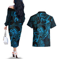 New Zealand Tuatara Couples Matching Off The Shoulder Long Sleeve Dress and Hawaiian Shirt Aotearoa Maori Clematis Flowers - Blue
