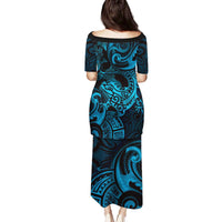 New Zealand Tuatara Family Matching Puletasi and Hawaiian Shirt Aotearoa Maori Clematis Flowers - Blue