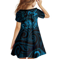 New Zealand Tuatara Family Matching Short Sleeve Bodycon Dress and Hawaiian Shirt Aotearoa Maori Clematis Flowers - Blue