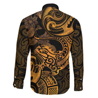 New Zealand Tuatara Family Matching Short Sleeve Bodycon Dress and Hawaiian Shirt Aotearoa Maori Clematis Flowers - Gold