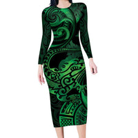 New Zealand Tuatara Family Matching Long Sleeve Bodycon Dress and Hawaiian Shirt Aotearoa Maori Clematis Flowers - Green