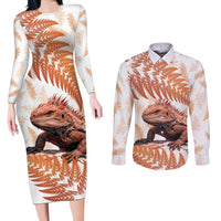 Red New Zealand Tuatara Couples Matching Long Sleeve Bodycon Dress and Long Sleeve Button Shirt Aotearoa Sphenodon Punctatus Silver Fern