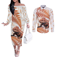 Red New Zealand Tuatara Couples Matching Off The Shoulder Long Sleeve Dress and Long Sleeve Button Shirt Aotearoa Sphenodon Punctatus Silver Fern