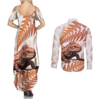 Red New Zealand Tuatara Couples Matching Summer Maxi Dress and Long Sleeve Button Shirt Aotearoa Sphenodon Punctatus Silver Fern