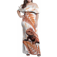 Red New Zealand Tuatara Family Matching Off Shoulder Maxi Dress and Hawaiian Shirt Aotearoa Sphenodon Punctatus Silver Fern