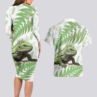 Green New Zealand Tuatara Couples Matching Long Sleeve Bodycon Dress and Hawaiian Shirt Aotearoa Sphenodon Punctatus Silver Fern