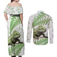 Green New Zealand Tuatara Couples Matching Off Shoulder Maxi Dress and Long Sleeve Button Shirt Aotearoa Sphenodon Punctatus Silver Fern