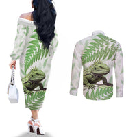 Green New Zealand Tuatara Couples Matching Off The Shoulder Long Sleeve Dress and Long Sleeve Button Shirt Aotearoa Sphenodon Punctatus Silver Fern