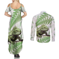 Green New Zealand Tuatara Couples Matching Summer Maxi Dress and Long Sleeve Button Shirt Aotearoa Sphenodon Punctatus Silver Fern