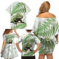 Green New Zealand Tuatara Family Matching Off Shoulder Short Dress and Hawaiian Shirt Aotearoa Sphenodon Punctatus Silver Fern