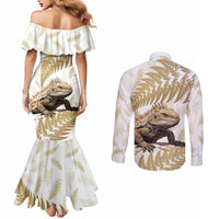 Gold New Zealand Tuatara Couples Matching Mermaid Dress and Long Sleeve Button Shirt Aotearoa Sphenodon Punctatus Silver Fern