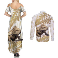 Gold New Zealand Tuatara Couples Matching Summer Maxi Dress and Long Sleeve Button Shirt Aotearoa Sphenodon Punctatus Silver Fern
