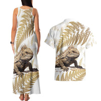Gold New Zealand Tuatara Couples Matching Tank Maxi Dress and Hawaiian Shirt Aotearoa Sphenodon Punctatus Silver Fern