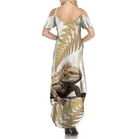 Gold New Zealand Tuatara Family Matching Summer Maxi Dress and Hawaiian Shirt Aotearoa Sphenodon Punctatus Silver Fern