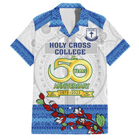 Fiji Holy Cross College Family Matching Puletasi Dress and Hawaiian Shirt Happy 50th Anniversary Fijian Tagimoucia Tapa Pattern LT14 Dad's Shirt - Short Sleeve White - Polynesian Pride