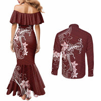 Oxblood Hawaii Couples Matching Mermaid Dress and Long Sleeve Button Shirt Hammerhead Shark Tattoo Curve Polynesian - Polynesian Pride