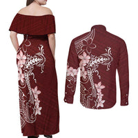 Oxblood Hawaii Couples Matching Off Shoulder Maxi Dress and Long Sleeve Button Shirt Hammerhead Shark Tattoo Curve Polynesian - Polynesian Pride