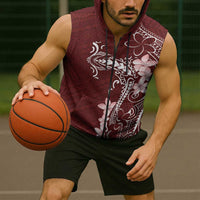 Oxblood Hawaii Sleeveless Zip Hoodie Hammerhead Shark Tattoo Curve Polynesian - Polynesian Pride