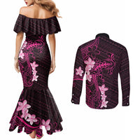 Pink Hawaii Couples Matching Mermaid Dress and Long Sleeve Button Shirt Hammerhead Shark Tattoo Curve Polynesian - Polynesian Pride