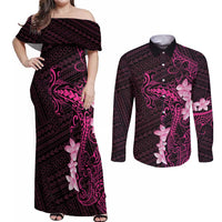 Pink Hawaii Couples Matching Off Shoulder Maxi Dress and Long Sleeve Button Shirt Hammerhead Shark Tattoo Curve Polynesian - Polynesian Pride