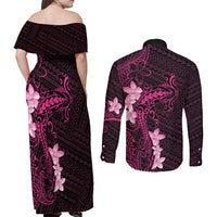 Pink Hawaii Couples Matching Off Shoulder Maxi Dress and Long Sleeve Button Shirt Hammerhead Shark Tattoo Curve Polynesian - Polynesian Pride