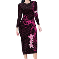 Pink Hawaii Long Sleeve Bodycon Dress Hammerhead Shark Tattoo Curve Polynesian - Polynesian Pride