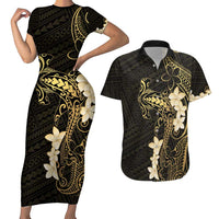 Black and Gold Hawaii Couples Matching Short Sleeve Bodycon Dress and Hawaiian Shirt Hammerhead Shark Tattoo Curve Polynesian - Polynesian Pride