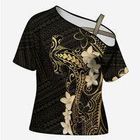 Black and Gold Hawaii Cross Shoulder Shirt Hammerhead Shark Tattoo Curve Polynesian - Polynesian Pride