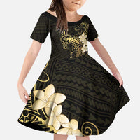 Black and Gold Hawaii Family Matching Long Sleeve Bodycon Dress and Hawaiian Shirt Hammerhead Shark Tattoo Curve Polynesian - Polynesian Pride